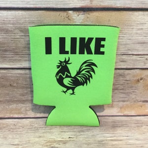 NSFW Funny Adult I like C*ck Rooster Chicken Pun Soda Beer Can Cooler Beverage Holder Drink Hugger Lime Green Black