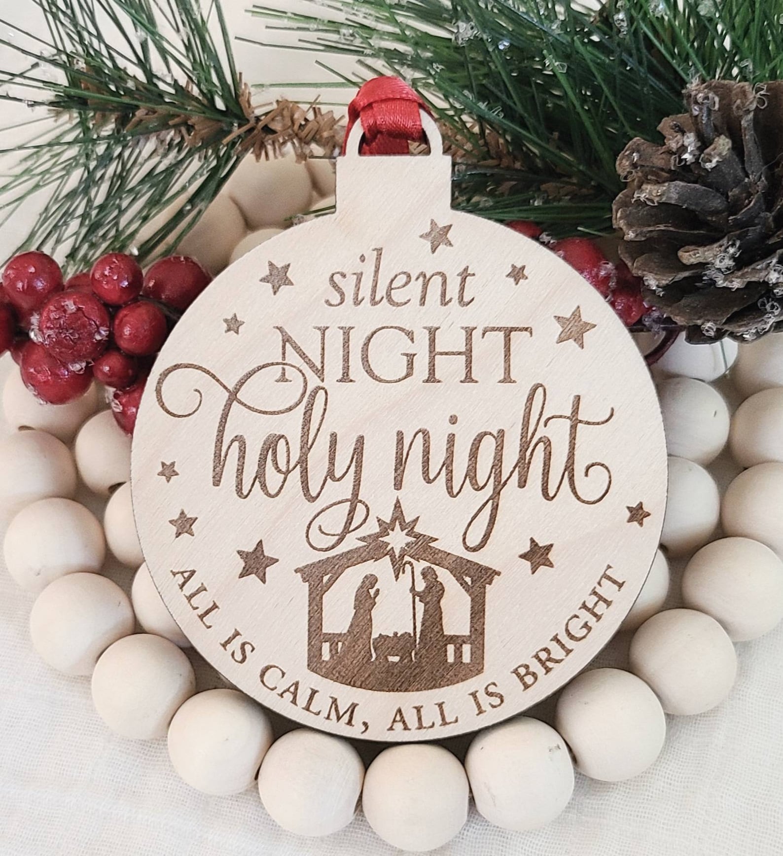 Silent Night Nativity Ornament Laser Engraved Round Wood Etsy