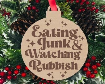 Home Alone Christmas Ornament, Eating Junk and Watching Rubbish, Engraved Wood Ornament, Stocking Stuffer, St. Nick Gift, White Elephant