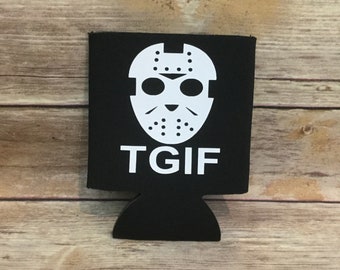 Halloween Horror Movie TGIF Jason Hockey Mask Funny Party Favor Beer Can Cooler Coolie Beverage Holder Drink Hugger Black White