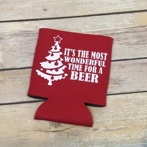 Christmas Can Cooler It&#39;s the Most Wonderful Time for a Beer White Elephant Stocking Stuffer Red White
