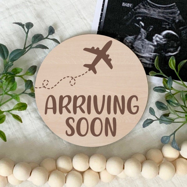 Airplane Birth Announcement Sign, Arriving Soon, New Baby, Newborn Photo Prop, Laser Engraved Wood Signs, Round Wood Sign, Baby Keepsake,