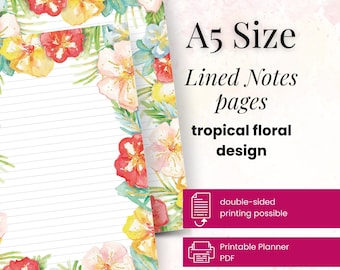 A5 Notes Lined | printable planner insert | Tropical Flowers | Floral Notes | Digital Download