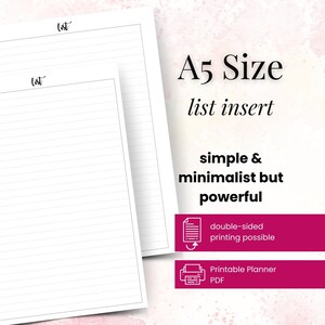 May include: White A5 size list insert with horizontal lines. The text on the image reads "A5 Size list insert simple & minimalist but powerful". Includes icons for double-sided printing and printable PDF.