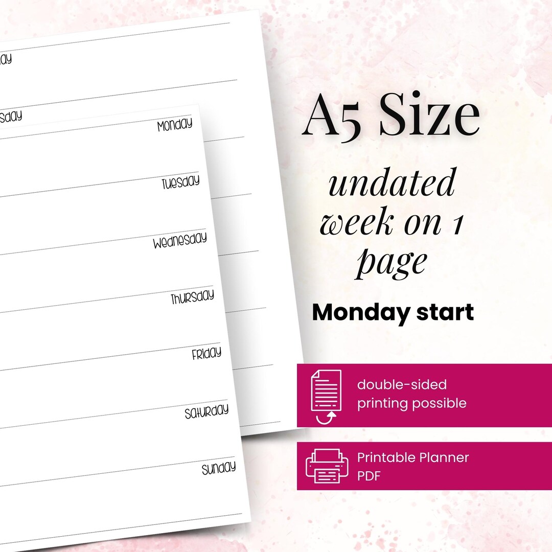 A5 Minimalist Weekly Planner Insert: Undated Horizontal Layout (PDF ...