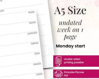 A5 Minimalist Weekly Planner Insert: Undated Horizontal Layout (PDF Downloadable Printable Refill)