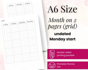 A6 Month on 2 Pages Planner Insert: Undated Grid Layout (PDF Download)