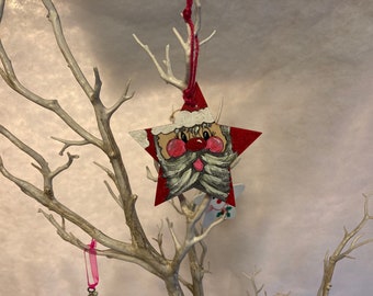 A hand painted, Father Christmas Wooden Star, Hanging Decoration, Santa Ornaments