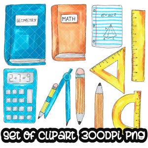 May include: A set of watercolor illustrations of school supplies, including a blue geometry book, an orange math book, a blue calculator, a blue compass, a yellow protractor, a yellow triangle ruler, a yellow ruler, and two pencils. The text "E=mc2" is written on a piece of blue lined paper.