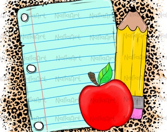 Teacher Frame Sublimation Design PNG Pencil Apple Hand Drawn Digital Download Art School Notebook Paper Back To School Printable Artwork