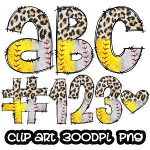 Softball Baseball Leopard Doodle Letras Clipart, Letras Clip art, Esportes Clipart Digital, Números clip art, Pacote Alfabeto, PNG
