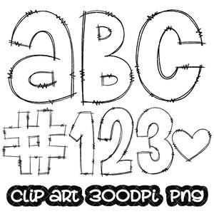 Könnte beinhalten: Schwarzweißes handgezeichnetes Clipart der Buchstaben A, B und C, der Zahlen 1, 2 und 3, eines Nummernschilds und eines Herzens. Die Buchstaben und Zahlen sind in einem einfachen, kindlichen Stil gehalten.