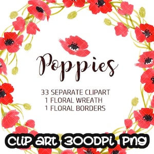Papoulas pintadas à mão em aquarela, flores, floral, coroa de flores, buquê, clipart digital, cartões, casamento Uso comercial gratuito PNG