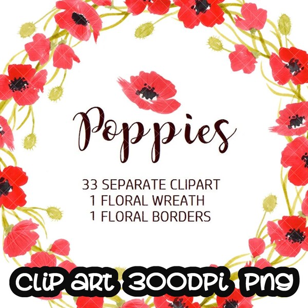 Poppies handpainted watercolor, flowers, floral, wreath, bouquet, digital clipart, cards, wedding Free Commercial Use PNG