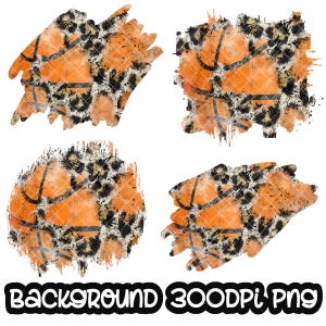May include: Four digital scrapbook paper designs featuring a basketball with a leopard print pattern. The background is a white, distressed, brushstroke effect.
