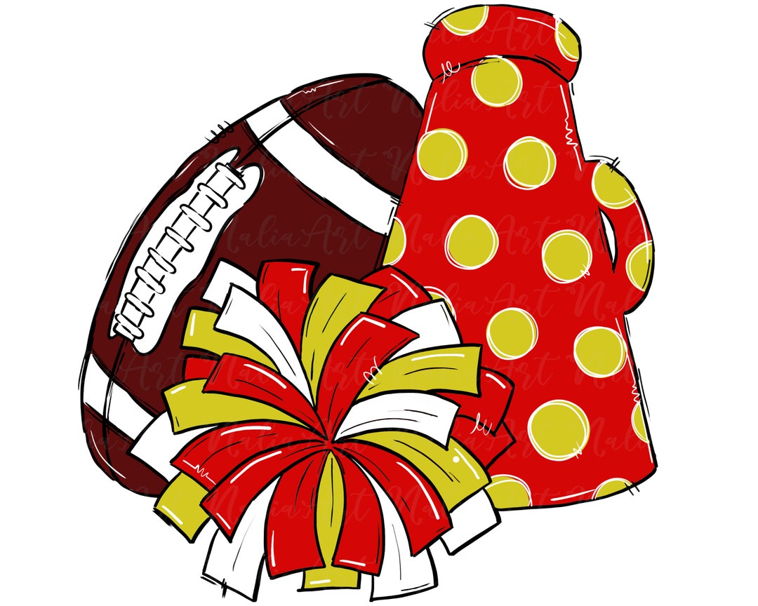 Football Cheer Poms Megaphone Red Gold Yellow Dots Digital Etsy