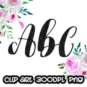 May include: Black glitter letters spelling "ABC" with a floral design on either side of the letters.