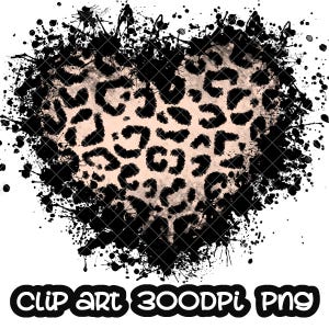 May include: A black and white leopard print heart with a pink background. The heart is surrounded by black paint splatters.