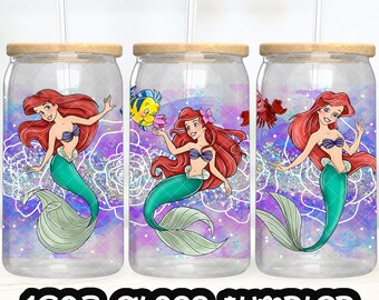 Archivo PNG de la taza de la Princesa Ariel DESCARGA DIGITAL Diseño de vaso de vidrio de 16 oz, envoltura de taza Libby de 16 oz