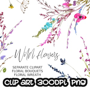 Bouquet de couronne de fleurs aquarelle de fleurs sauvages Aquarell Meadow, images clipart numériques à télécharger gratuitement PNG pour utilisation commerciale