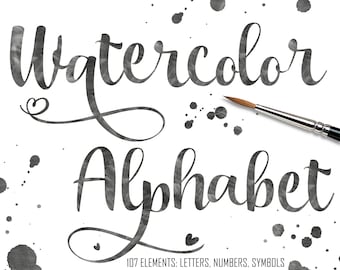 Black watercolor alphabet clipart, Watercolor letters, Digital clipart, Font, Letters numbers clip art, Cards, Invitationsrt, PNG