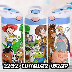 Plik PNG z kubkiem Toy Story CYFROWE POBIERANIE 12-uncjowego projektu kubka, 12-uncjowe opakowanie na kubek z odchylaną pokrywką