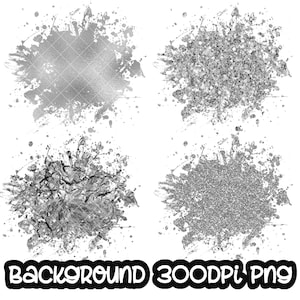 Op de afbeelding: Vier zilveren glitterspatten op een witte achtergrond. De glitter heeft verschillende texturen, waaronder een folie-achtige textuur en een meer korrelige textuur. De tekst "BACKGROUND 300DPI PNG" staat onderaan de afbeelding.