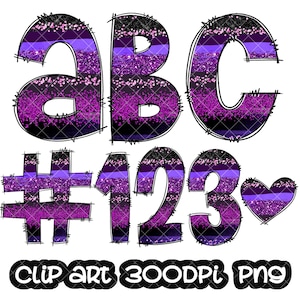 Doodle Letters Purple Violet Glitter Silver Clipart, Letters Clip art, Digital Clipart, Numbers clip art, Bundle Alphabet, Font PNG