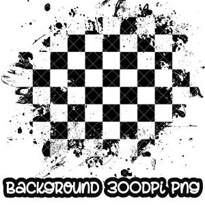 May include: Black and white checkered pattern with a grunge effect. The pattern is surrounded by black paint splatters on a white background.