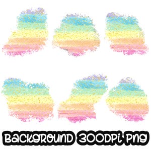 May include: Five digital scrapbook paper designs featuring a rainbow ombre effect with gold glitter accents. The background is white.