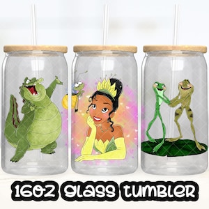 Anime tecknad prinsessa Tiana, prinsessan och grodan kopp PNG-fil DIGITAL NEDLADDNING 16oz glastumblerdesign, 16oz Libby koppomslag