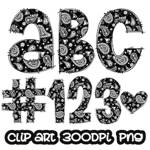 Doodle Black Paisley Bandana Letras Clipart, Letras Clip art, Clipart digital, Números clip art, Alfabeto Bundle, Fonte PNG