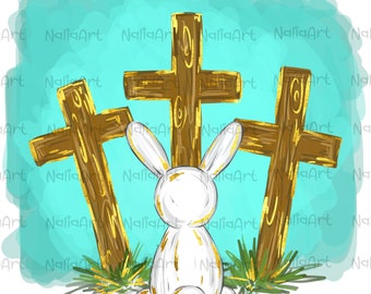 Bunny with Crosses PNG Sublimation Gold PNG Hand Drawn Design