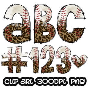 May include: A set of alphabet letters and numbers in a baseball and leopard print design. The letters are A, B, and C. The numbers are 1, 2, and 3. There is also a heart with the same design.