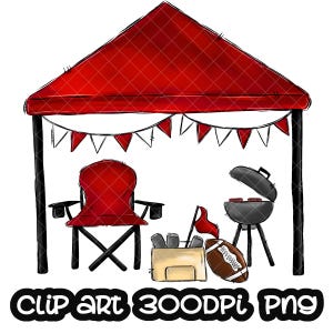 May include: A red and white striped canopy tent with a red director's chair, a grill, and a cooler. There are red, white, and blue pennant flags hanging from the tent.