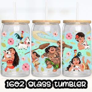Anime Cartoon Princess Moana Heihei Cup File PNG DOWNLOAD DIGITALE Design del bicchiere in vetro da 16 once, involucro per tazza Libby da 16 once
