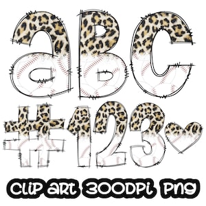 Baseball  Doodle Letters Leopard Clipart, Letters Clip art, Sports Digital Clipart, Numbers clip art, Bundle Alphabet, PNG