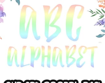 Regnbågsalfabetet ClipArt, Ombre-alfabetet, Digital clipart, Typsnitt, Bokstäverskort, Invitationsrt, PNG