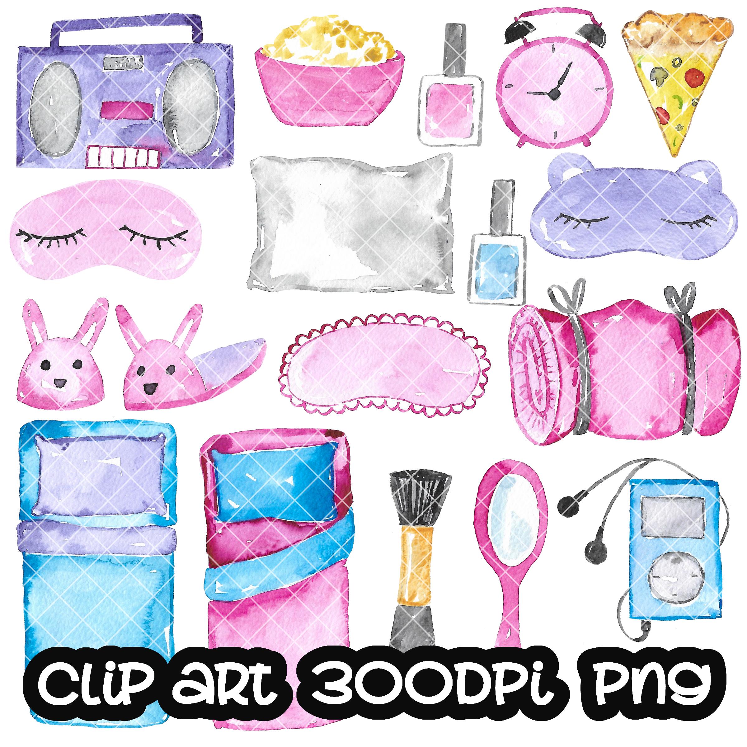Girl Slumber Party Clip Art, Watercolor Clipart (PNG, Instant Download ...