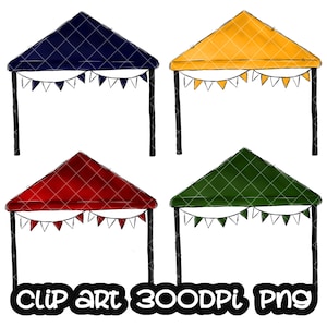 May include: Four different colored tent canopies with white bunting flags hanging from the bottom. The canopies are navy blue, yellow, red, and green.