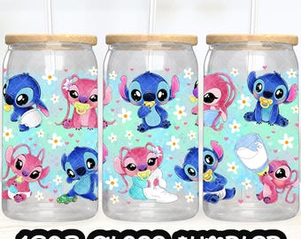 Anime Cartoon Stitch Angel Cup PNG File DIGITAL DOWNLOAD 16oz Glass Tumbler Design, 16oz Libby Cup Wrap
