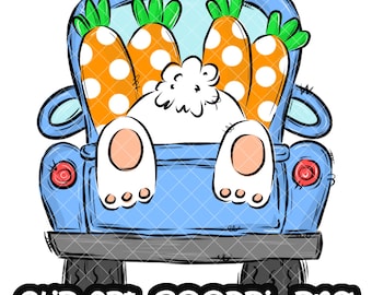 Truck Blue Bunny Easter Sublimation Carrot PNG Hand Drawn Design