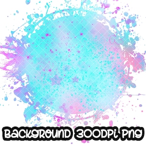 May include: A digital background with a light blue, pink, and white watercolor design. The design has a circular shape with a white border and a splatter effect around the edges. The text "BACKGROUND 300DPI PNG" is at the bottom of the image.