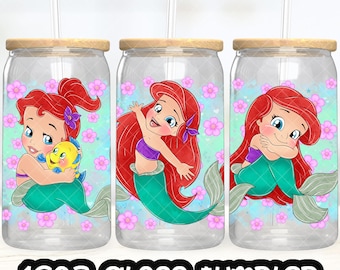 Archivo PNG de la taza de la Princesa Ariel DESCARGA DIGITAL Diseño de vaso de vidrio de 16 oz, envoltura de taza Libby de 16 oz