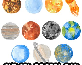 Planets Eart Moon Clip Art, Watercolor Clipart (PNG, Instant Download)