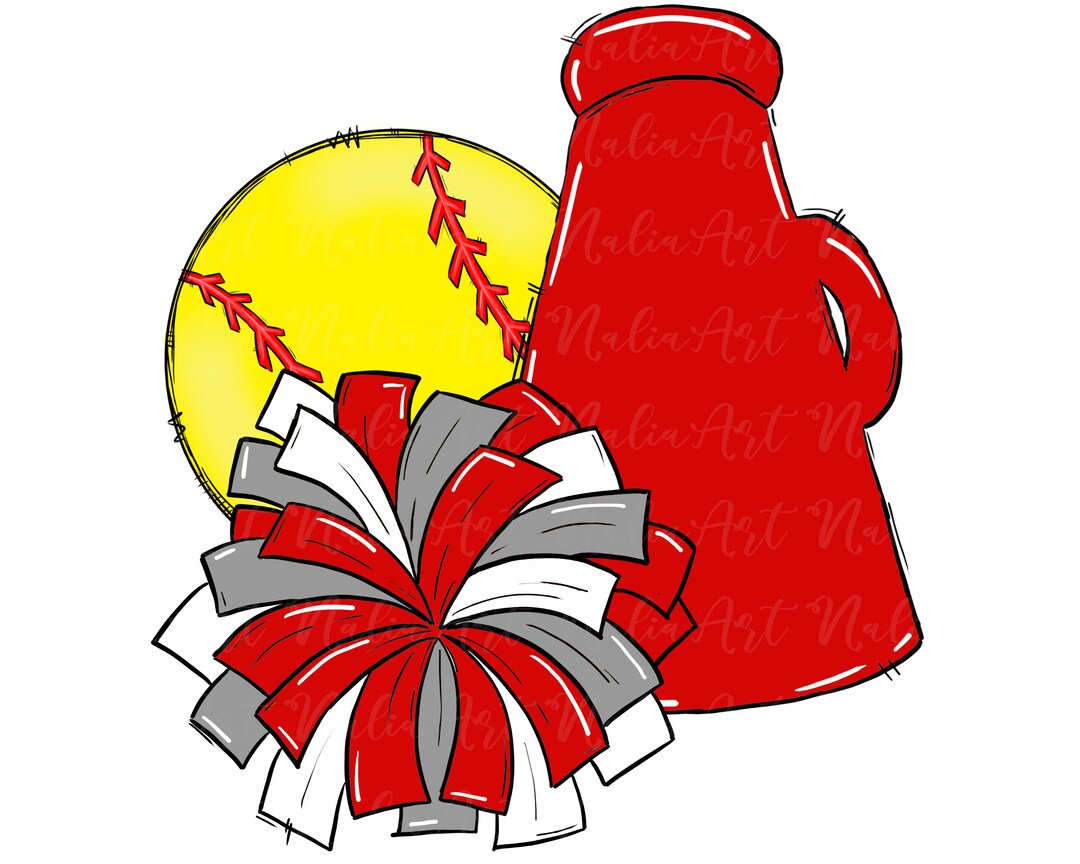 Softball Cheer Poms Megaphone Red Grey Silver Digital Download