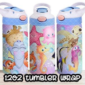 May include: Three 12oz tumbler wraps featuring colorful cartoon sea creatures like a pufferfish, starfish, seahorse, and turtle. The tumblers have a blue lid and handle. The text "12oz TUMBLER WRAP" is printed at the bottom.