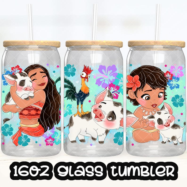May include: Three glass tumblers, each with a bamboo lid and straw. The tumblers have a 473ml capacity and feature cartoon character designs with floral patterns. The text "16oz glass tumbler" is at the bottom.