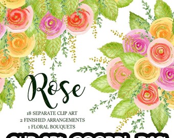 Watercolor rose, flowers, floral, wreath, bouquet, digital clipart, cards, wedding, gold confetti Free Commercial Use PNG