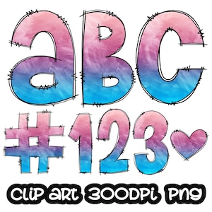 Doodle Letters Rainbow Ombre Clipart, Letters Clip art, Blue Pink Digital Clipart, Numbers clip art, Bundle Alphabet, Font PNG
